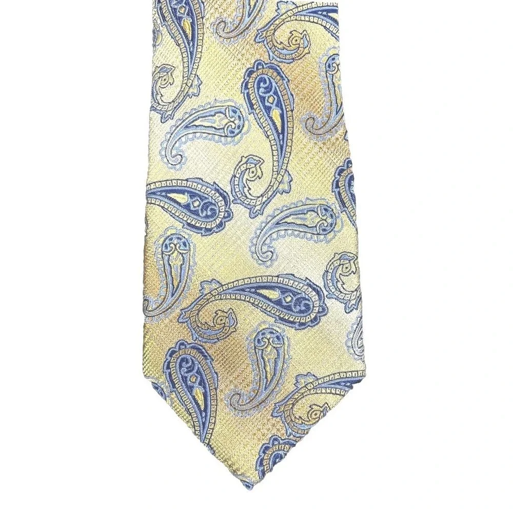 Bruno Piattelli Mens Tie 100% Silk Handmade Designer Italy Yellow‎ Blue Paisley
